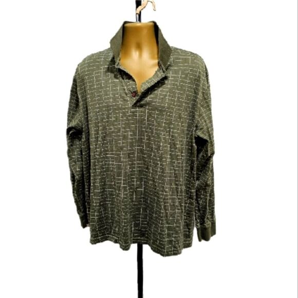 No Iron Long Sleeve Polo Mens XL Olive Green Windowpane Goblincore Preppy Oxford - Picture 1 of 9
